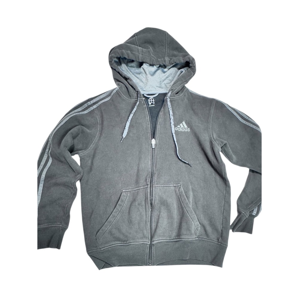 Adidas Mens Gray Full Zip Hoodie Three Stripe Athletic Fleece Sweatshirt Small